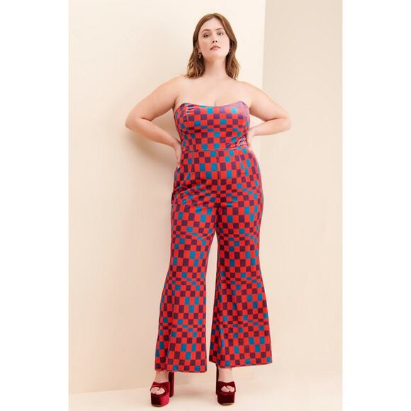 Hutch Velvet Check Bright Colored Wide Leg Strapless Jumpsuit Size 16W - Picture 1 of 16